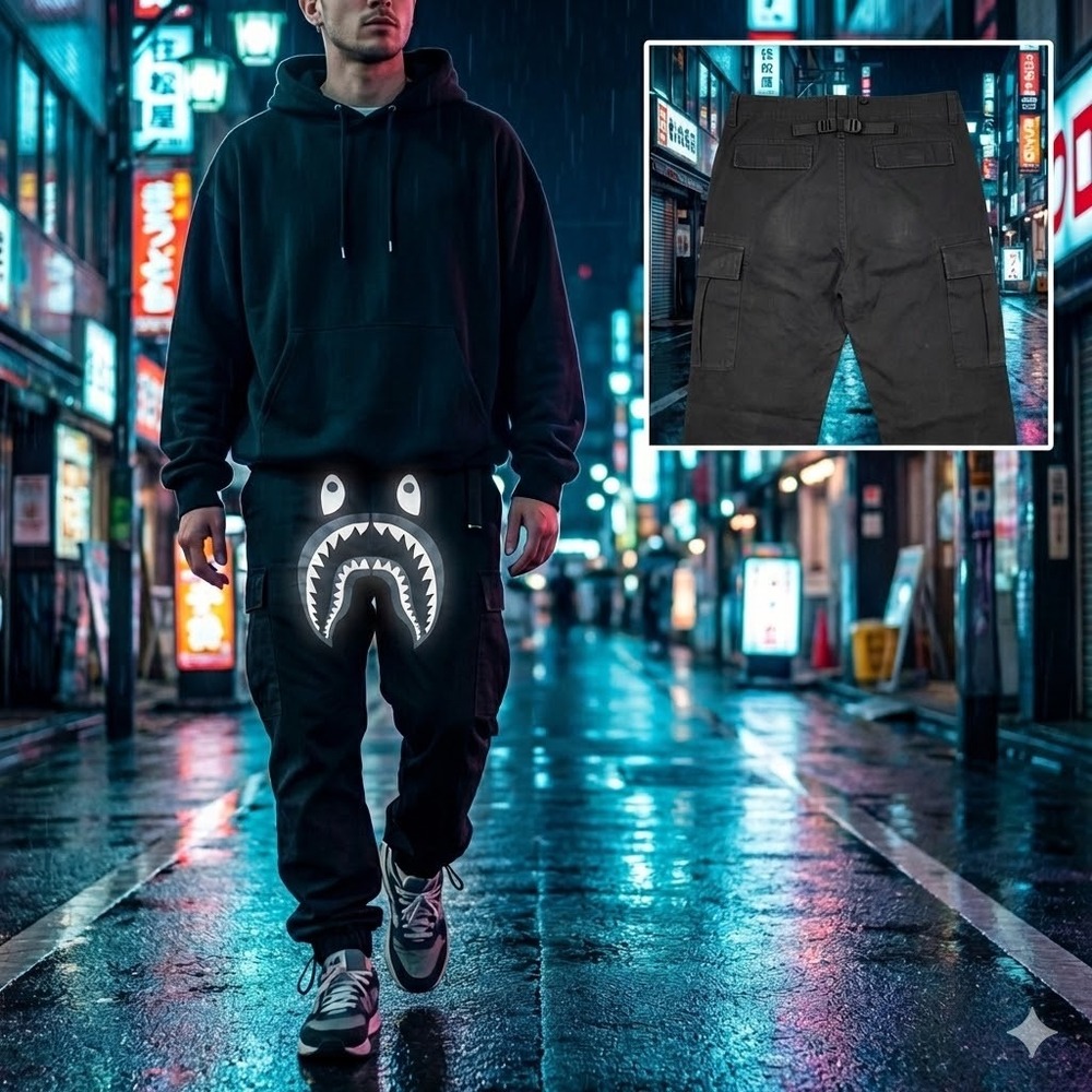 A Bathing Ape BAPE Shark Cargo Pants Black Mens Medium 001PTG801010X‎